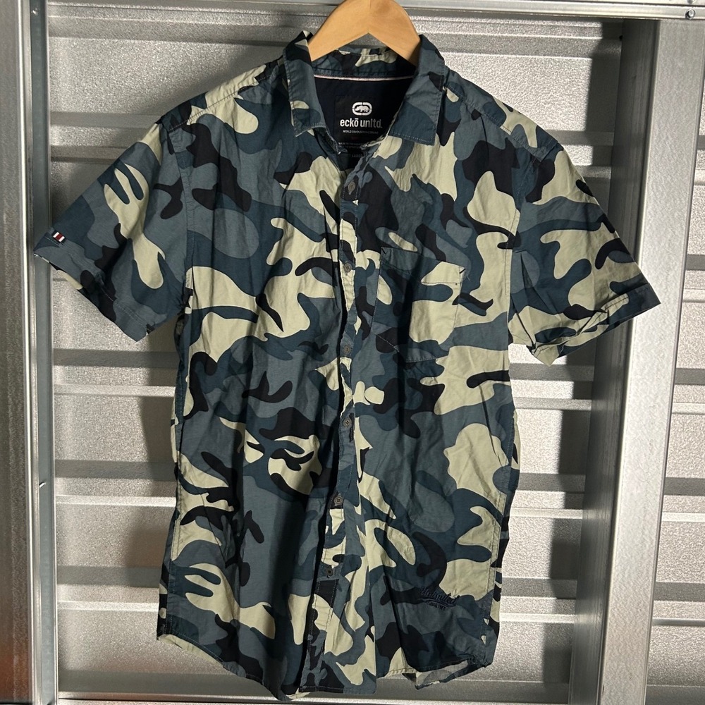Ecko Unltd Button Down Shirt Mens Large Blue Camo Streetwear Skater Y2K Pocket